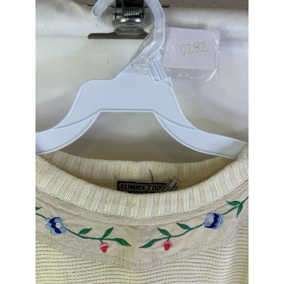 Vintage 70s Floral Stitched Waffle Thermal Knit Sweater Cottage - Picture 6 of 7